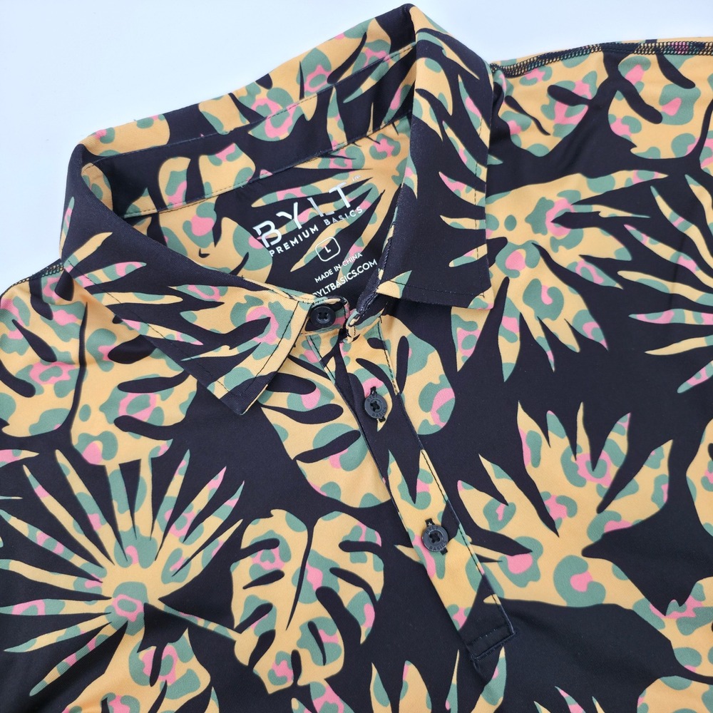 BYLT Premium Basics Mens Large Tropical Monstera Leopard Print Polo Shirt Black
